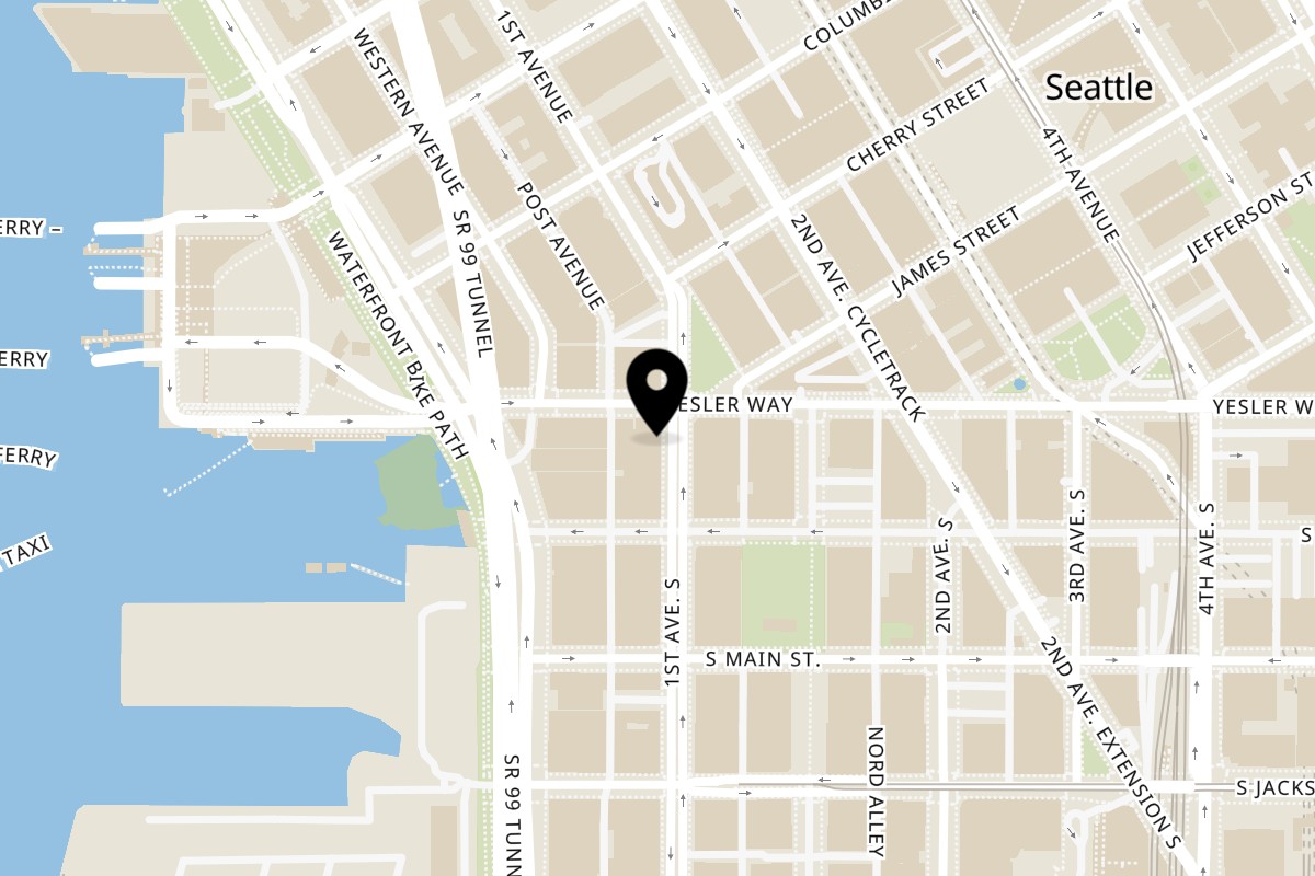 Map showing the location of Numero Uno Pizza INC on 103 1st Ave S in Seattle